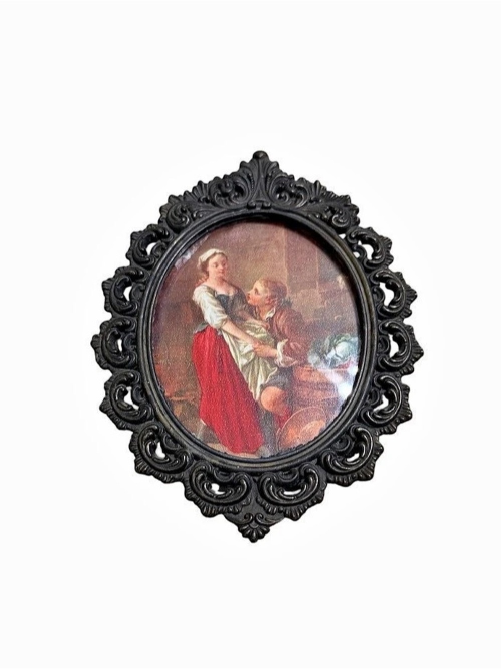 Vintage Brass Metal Ornate Oval Framed Photo Italy Man Woman